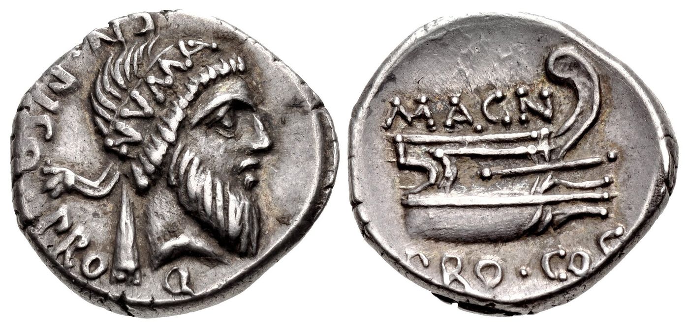 Both faces of a Roman silver denarius: on the left a bearded head in profile wearing a diadem inscribed NVMA, on the right the prow of a galley with lettering above and below.