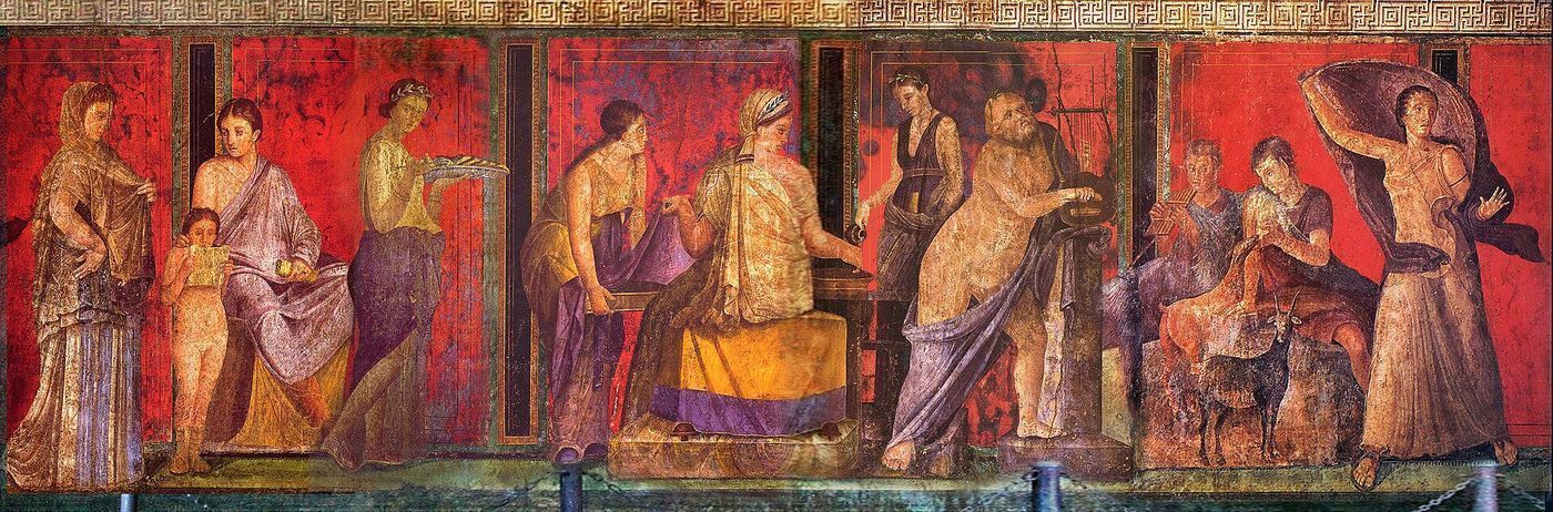 A wide section of Roman wall painting on a deep red ground, showing near-life-size robed figures standing in a row.